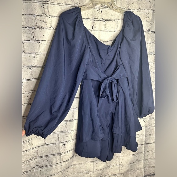 Romper Long Sleeve Off Shoulder Ruffle Chiffon Shorts Medium Navy Blue Boho Zip - Picture 7 of 11